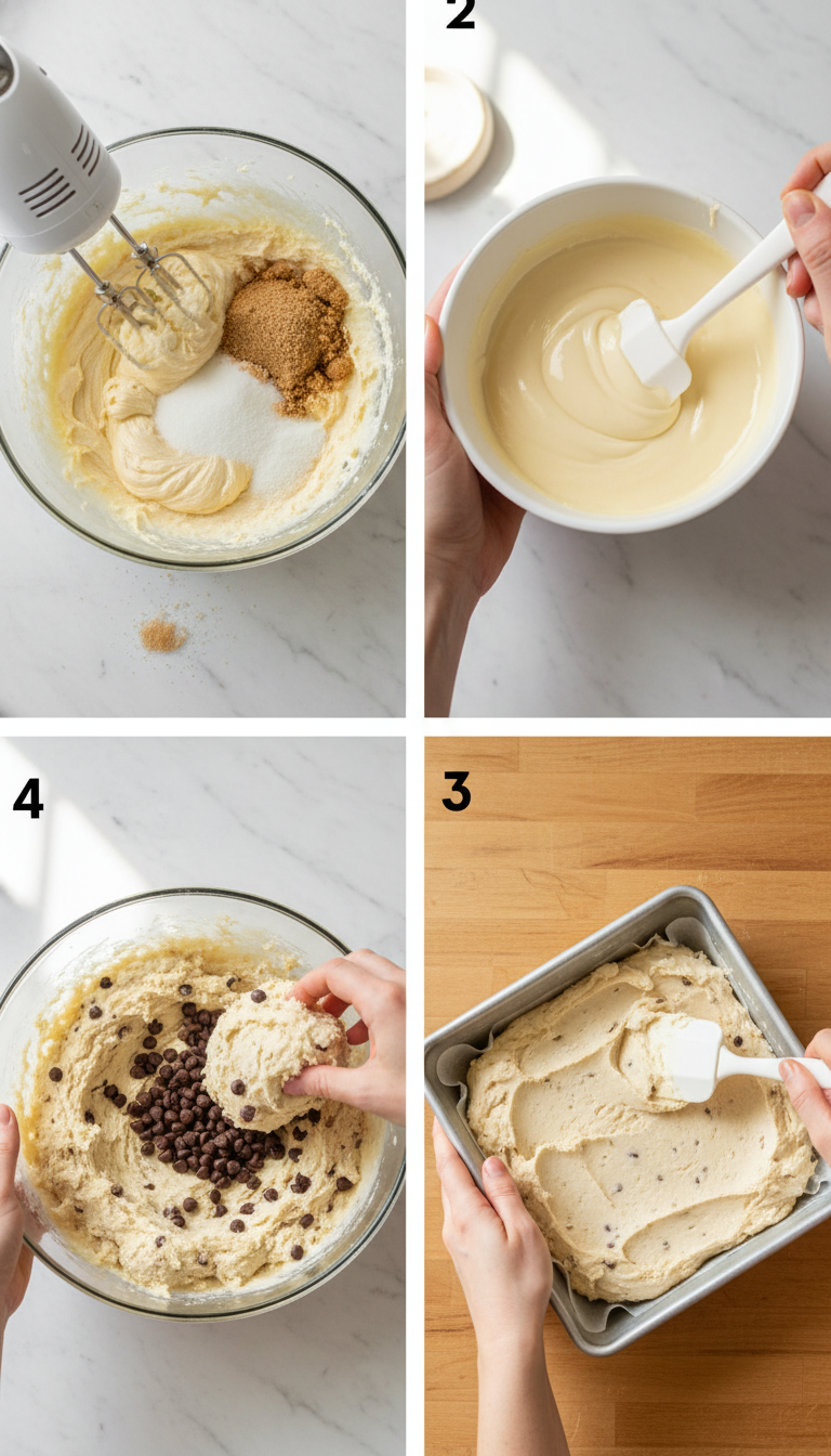 Step-by-step process of making No-Bake Cookie Dough Fudge showing mixing, melting, and combining ingredients