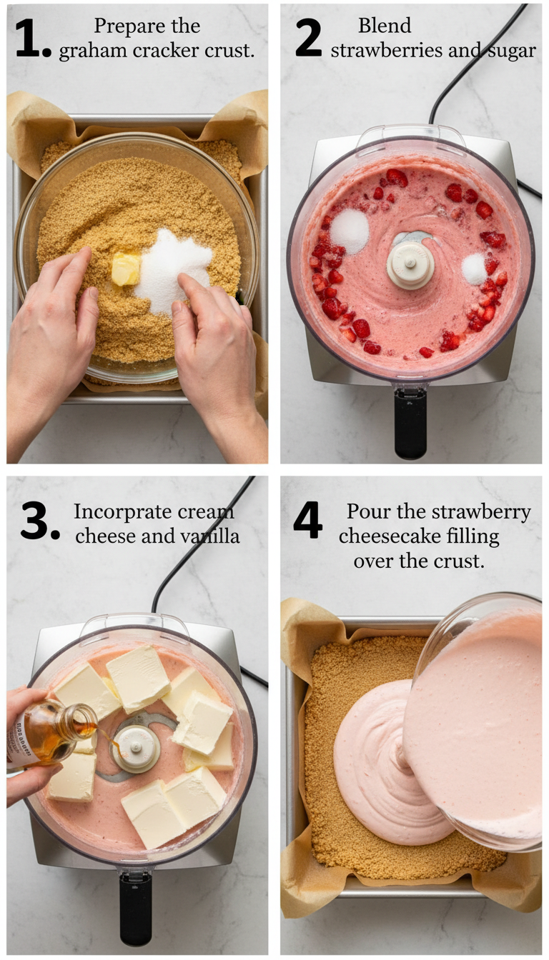 Step-by-step visual guide showing the preparation process of no-bake strawberry cheesecake bars from crust to final presentation