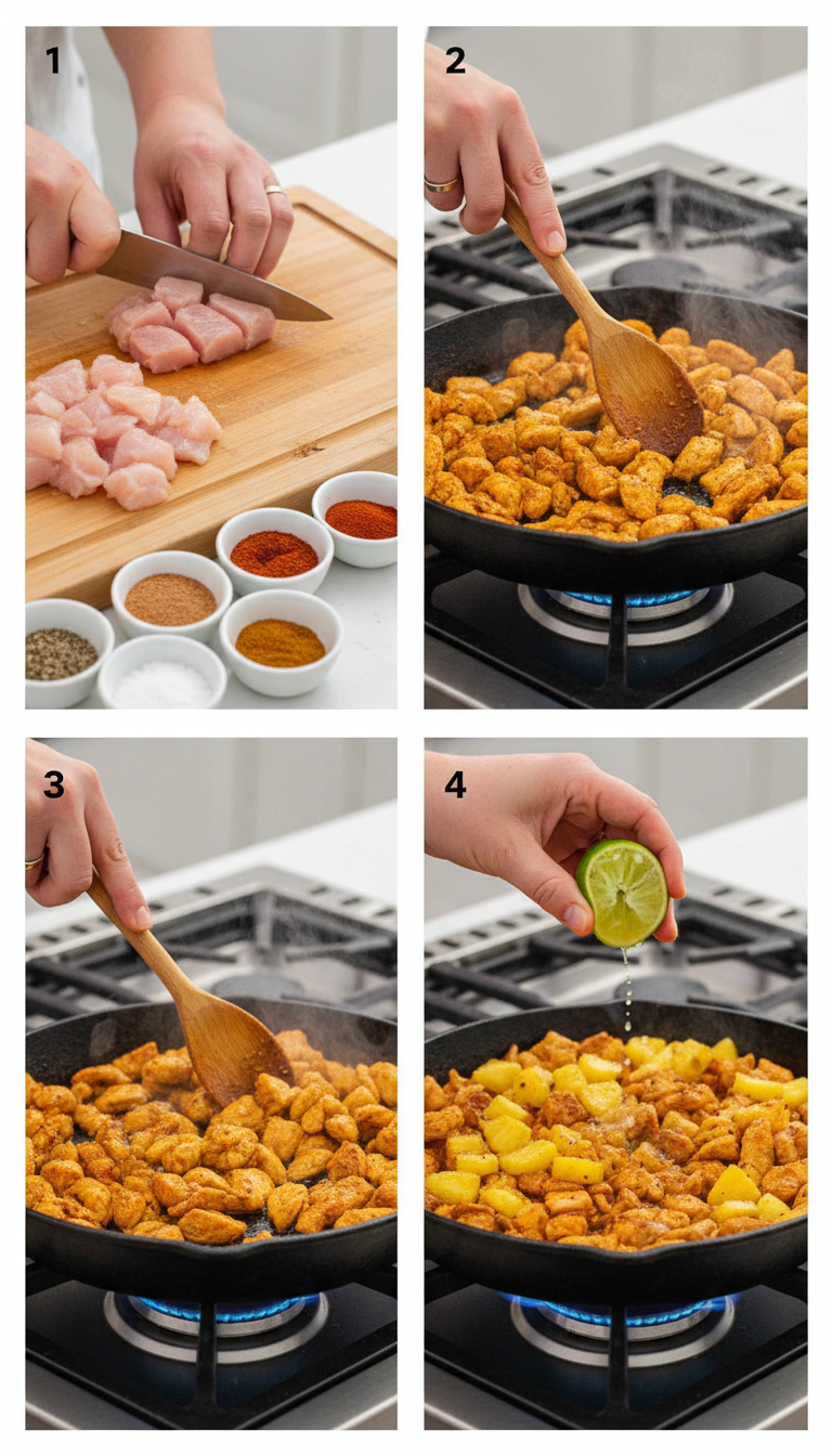 Step-by-step visual guide showing the cooking process for One-Pan Chicken and Pineapple Tacos from raw ingredients to finished dish