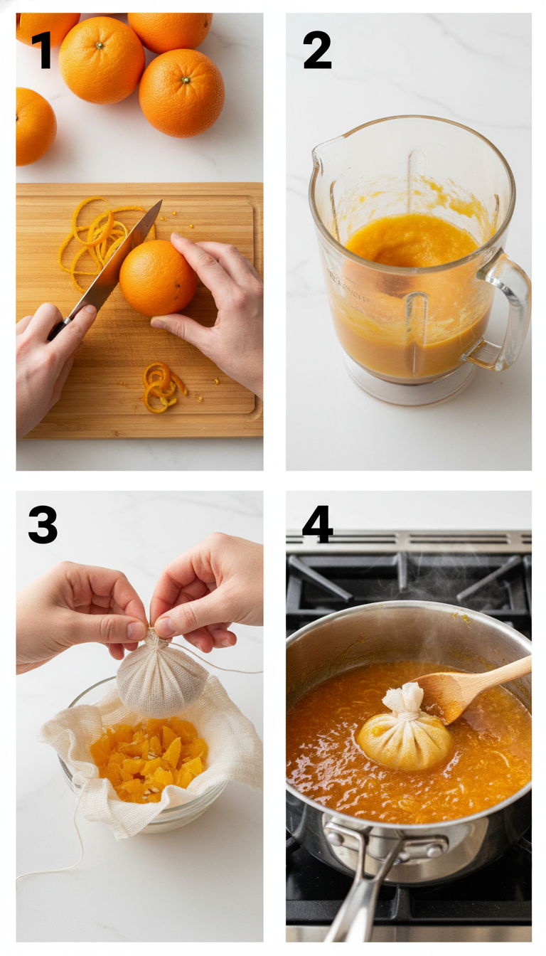 Step by step process of making orange jam showing orange preparation, cooking stages and jam consistency testing