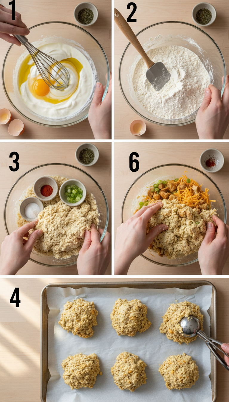 Step-by-step process showing mixing ingredients, folding in sausage and cheese, and scooping dough onto baking sheet for Protein Breakfast Biscuits