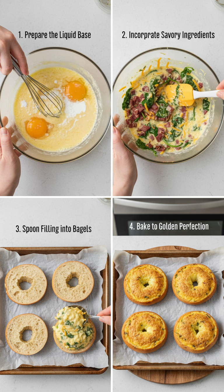 Step-by-step process showing bagel preparation, filling mixture, and baking stages for quiche stuffed bagels