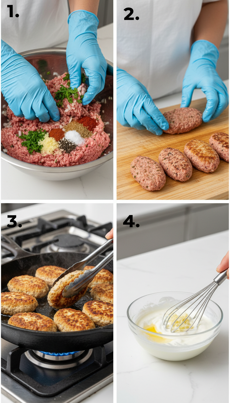 Step-by-step process of making chicken kofta showing mixing, shaping, and cooking stages