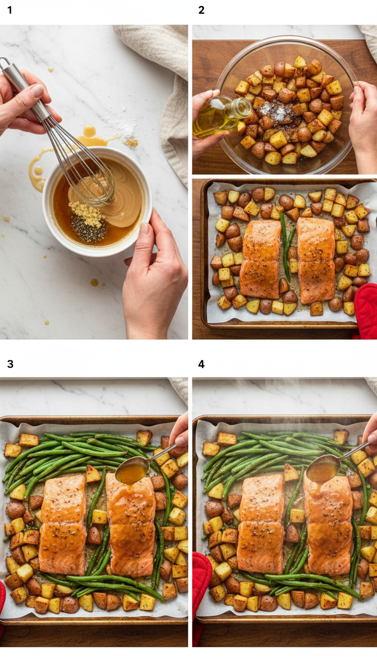 Step-by-step photos showing the progression from raw ingredients to finished sheet pan salmon with vegetables