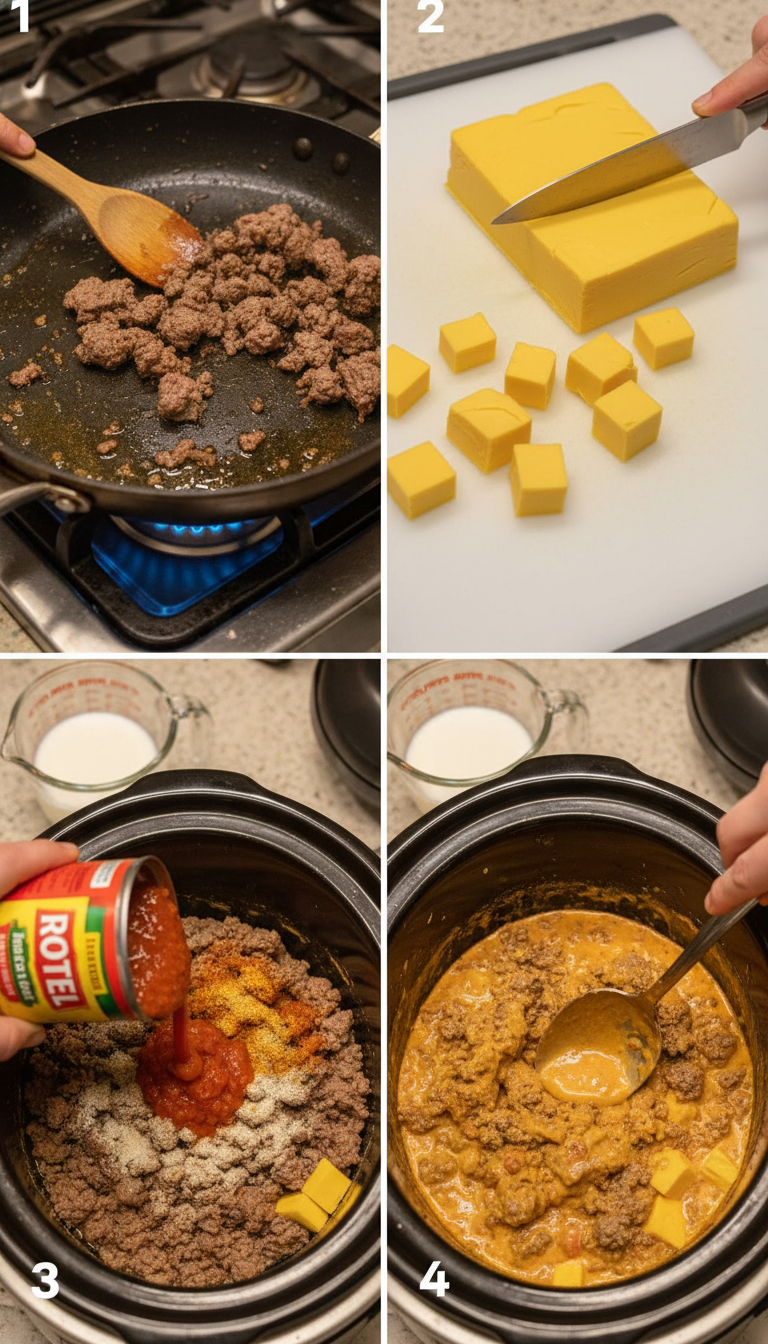 Step-by-step visual guide showing the process of making Slow Cooker Rotel Tacos from browning beef to final assembly