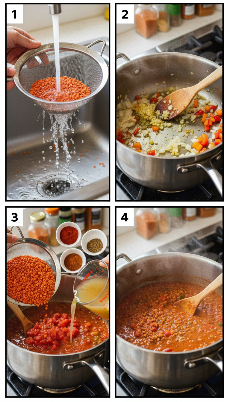 Step-by-step cooking process showing the transformation of ingredients from raw to finished Spicy Mexican Red Lentils with beautiful color progression