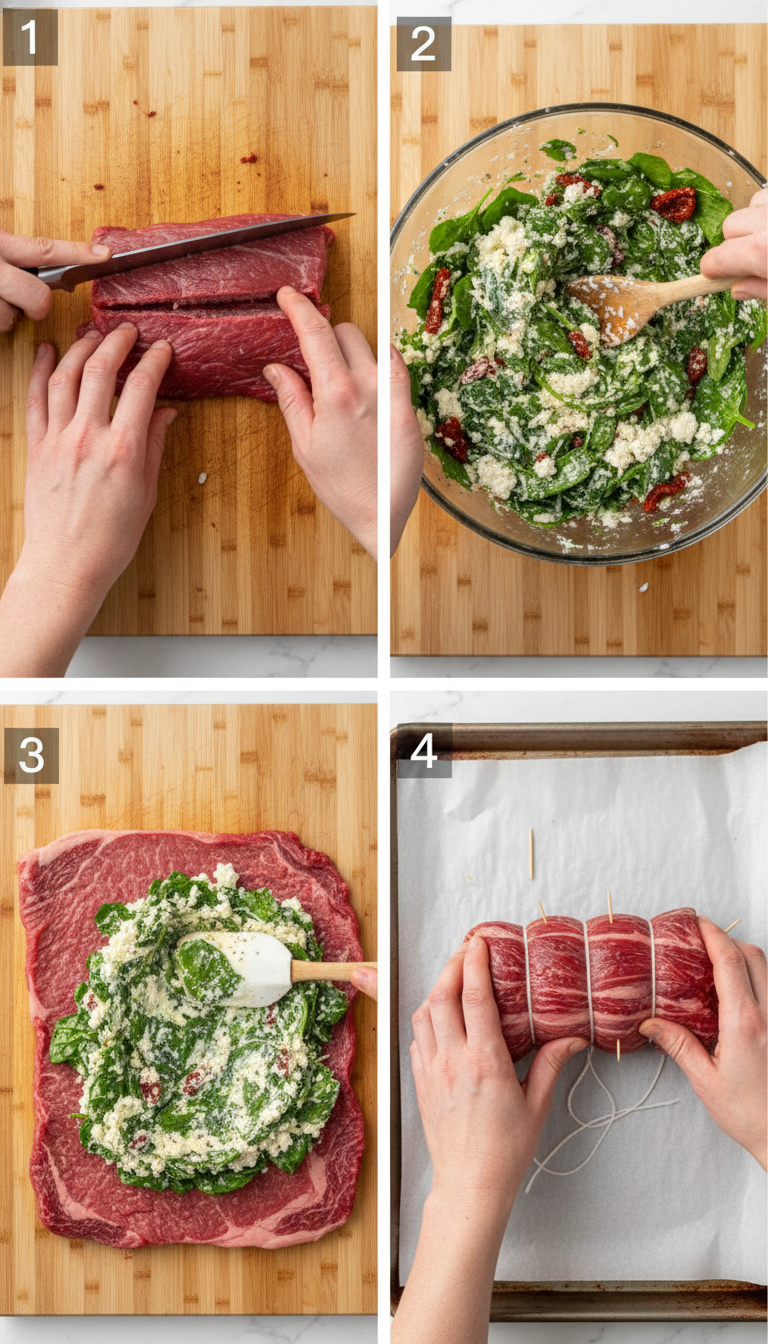 Step-by-step process showing butterflied flank steak, filling preparation, rolling technique, and final cooking stages