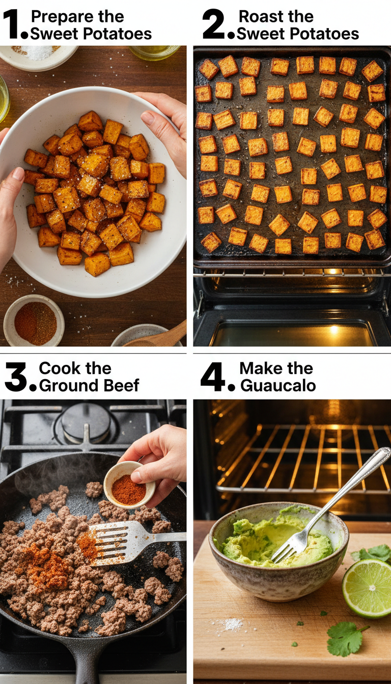 Step-by-step preparation photos showing sweet potatoes being roasted, ground beef being seasoned, and final Sweet Potato Taco Bowl assembly