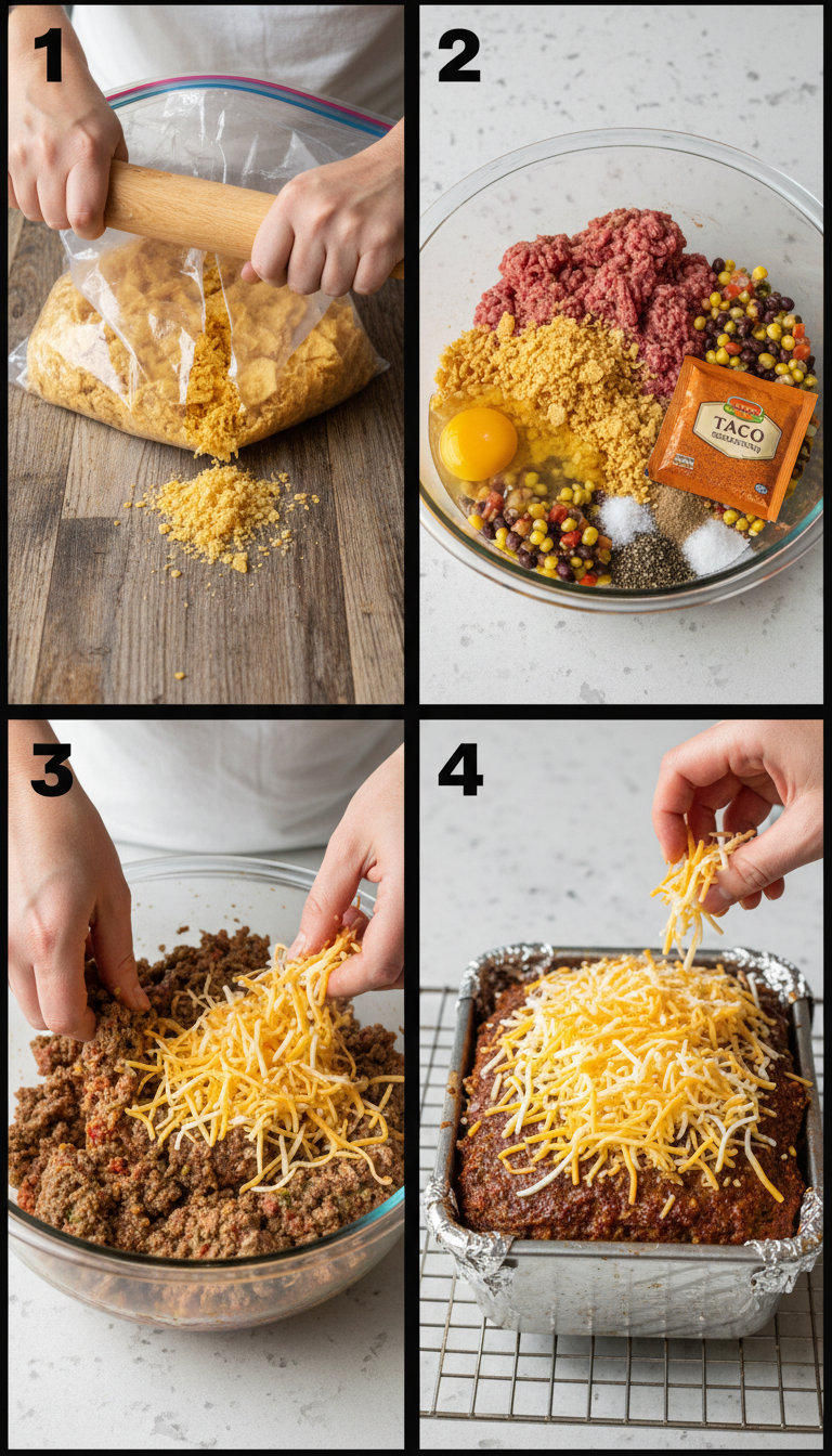 Step-by-step visual guide showing taco meatloaf preparation from mixing to final golden-topped result