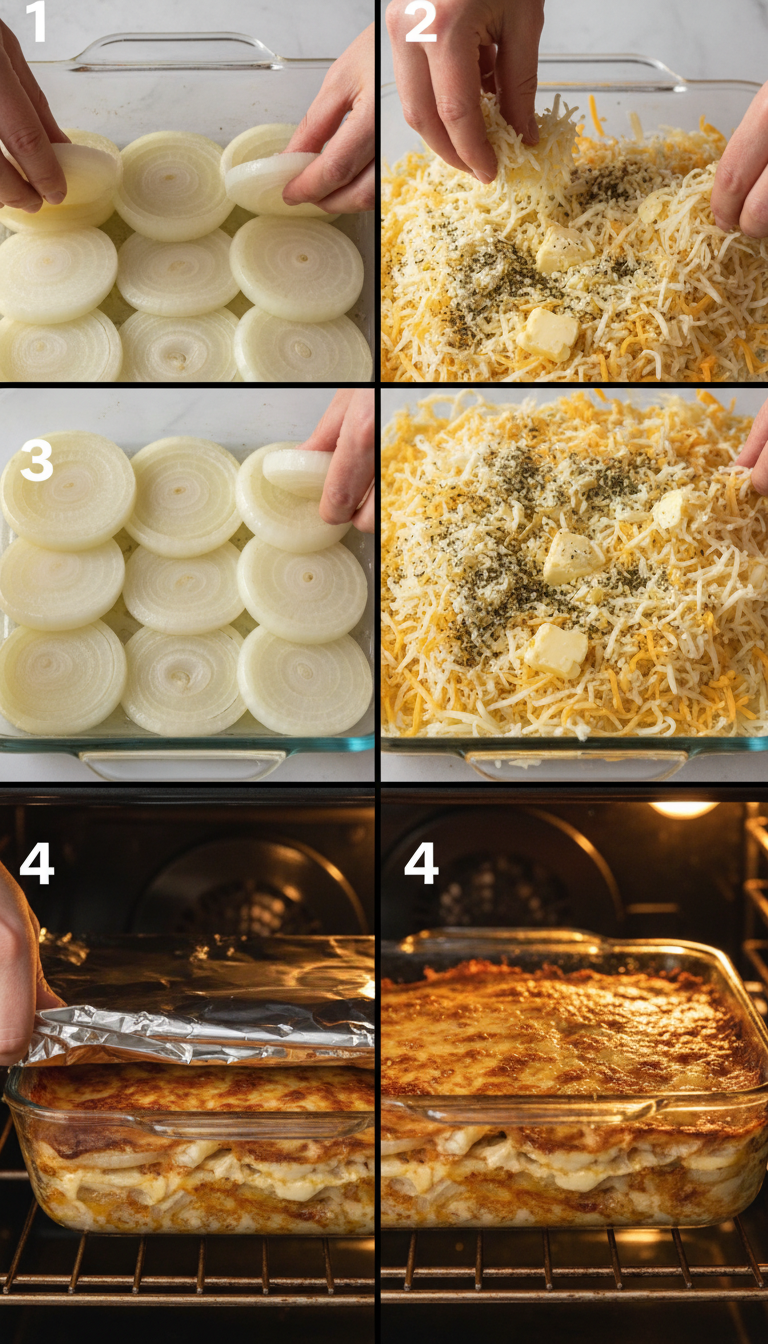 Step-by-step process showing onion slices being layered in baking dish with cheese and seasonings