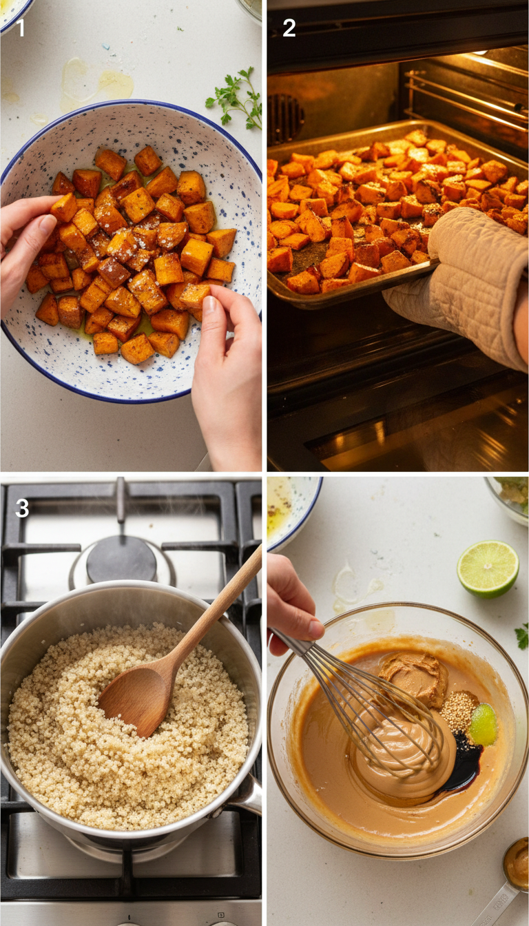 Step-by-step preparation photos showing diced sweet potatoes being seasoned, quinoa cooking, and peanut sauce being whisked together