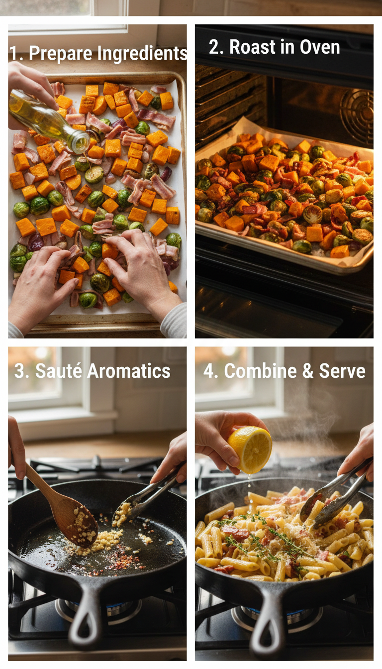 Step-by-step preparation photos showing roasted vegetables, cooked pasta, and final Turkey Bacon Brussels Sprouts Butternut Squash Pasta dish