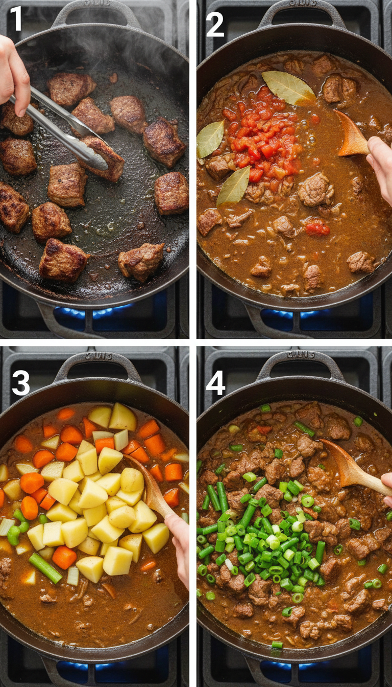 Step by step process of making vegetable beef soup recipe showing searing, simmering, and final plating
