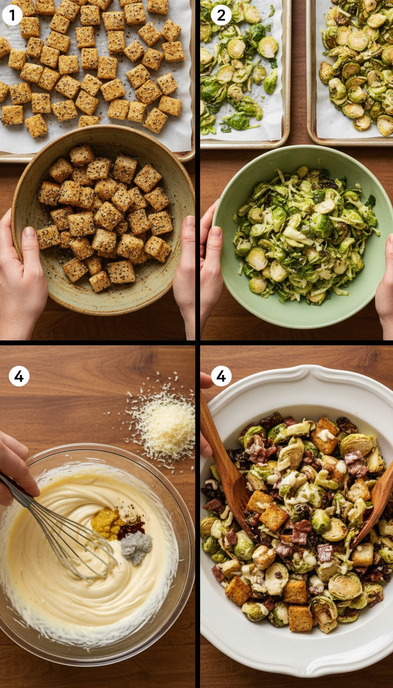 Step-by-step process showing Brussels sprouts preparation, egg cooking, crouton making, and final salad assembly