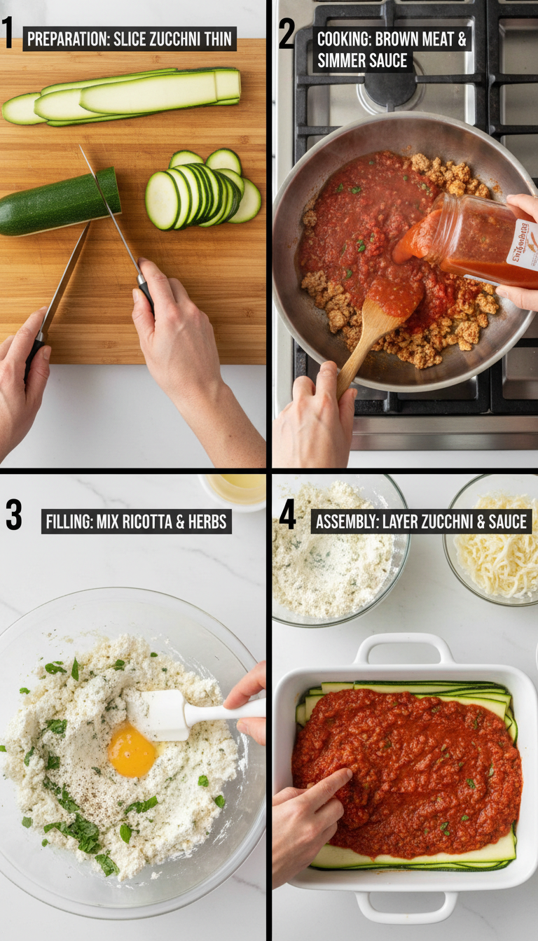 Step-by-step preparation photos showing zucchini slicing, meat cooking, and lasagna assembly