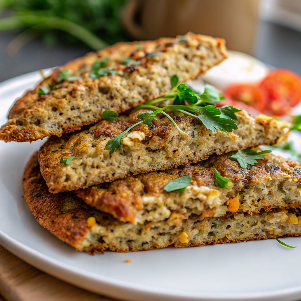 Golden brown easy lentil and herb flatbreads served on a rustic wooden board with fresh herbs and olive oil drizzle