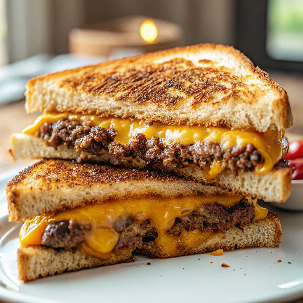 Perfectly grilled cheese patty melt cut diagonally showing melted cheese layers and golden brown crust
