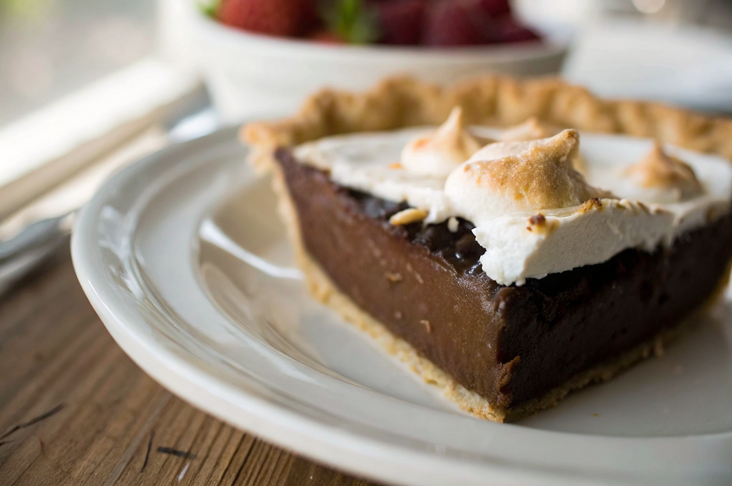 Beautiful slice of grandma's chocolate pie with golden meringue topping and rich chocolate custard filling