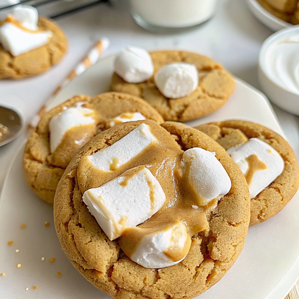 Finished fluffernutter cookies displayed on elegant white plate showing perfect golden color and marshmallow cream peeking through natural cracks