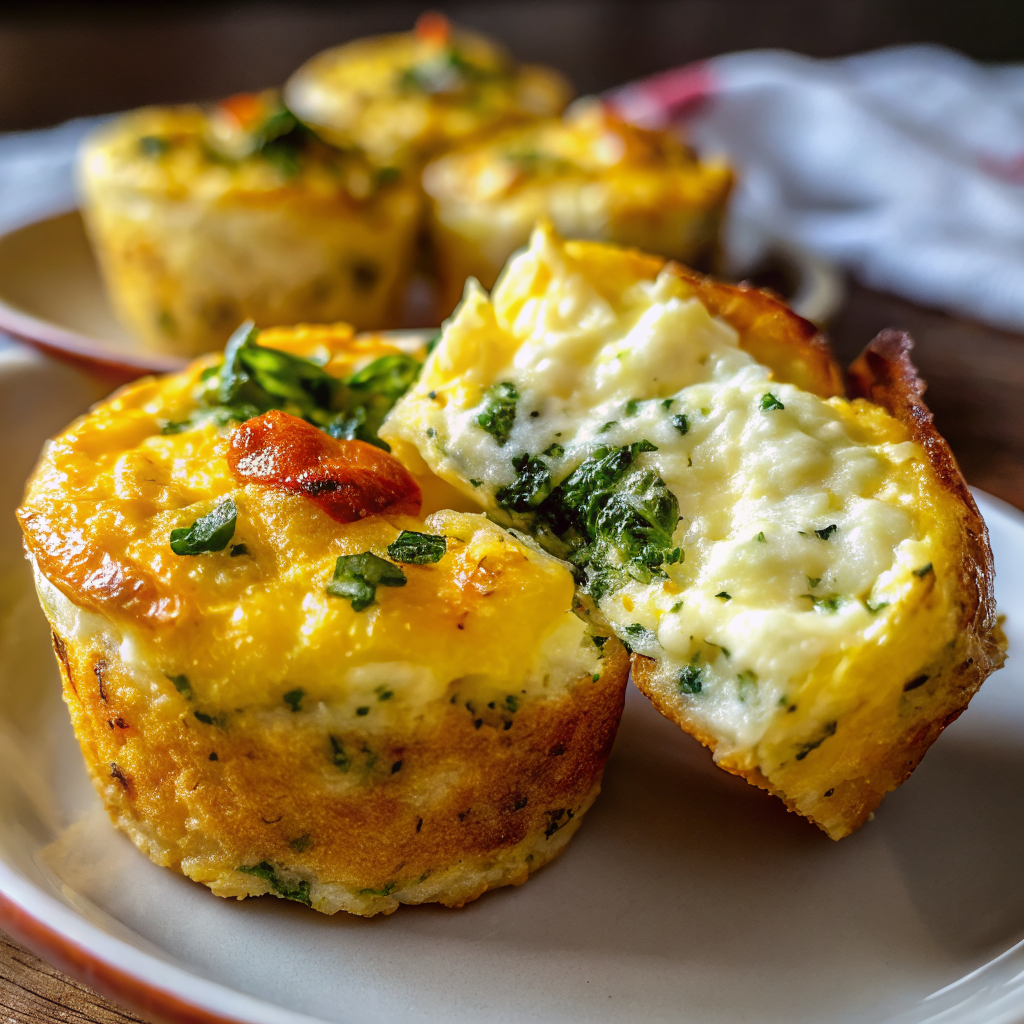 Finished cheesy cottage cheese egg bites arranged on a white plate with fresh herbs garnish and morning coffee