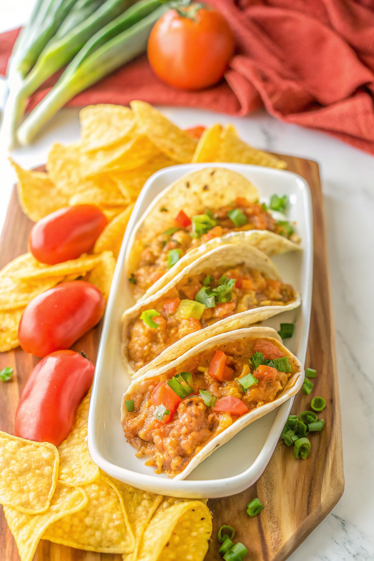 Beautifully plated Slow Cooker Rotel Tacos with fresh toppings and garnishes, ready to serve