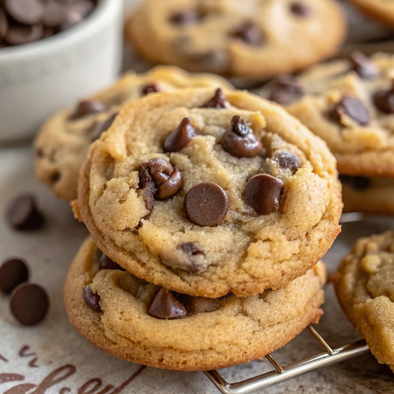 Perfectly baked Easy Peanut Butter Chocolate Chip Cookies arranged on a rustic wooden board with golden brown edges, distinct crisscross patterns, and evenly distributed chocolate chips