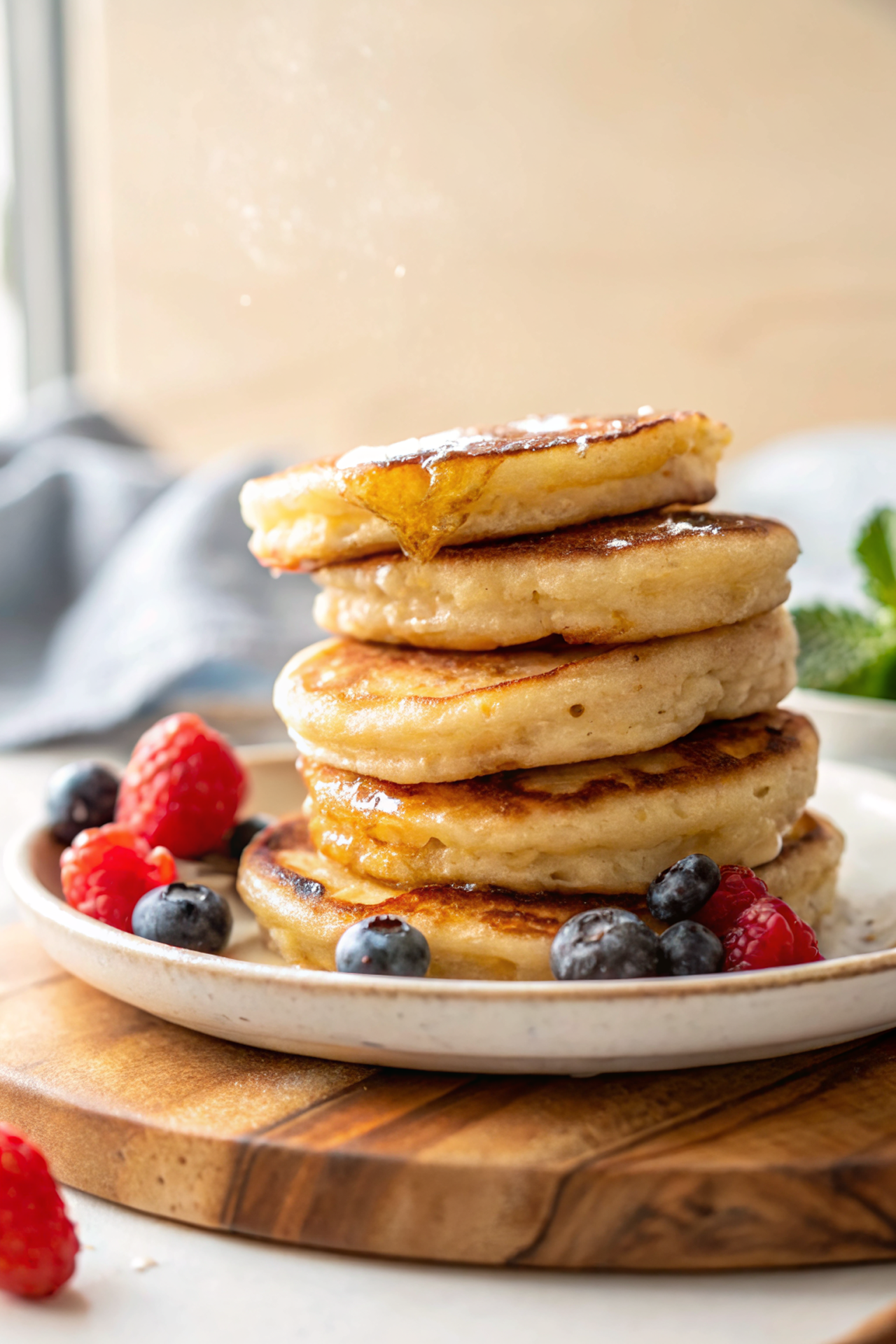 Stack of golden cottage cheese pancakes topped with fresh berries and maple syrup on a white plate