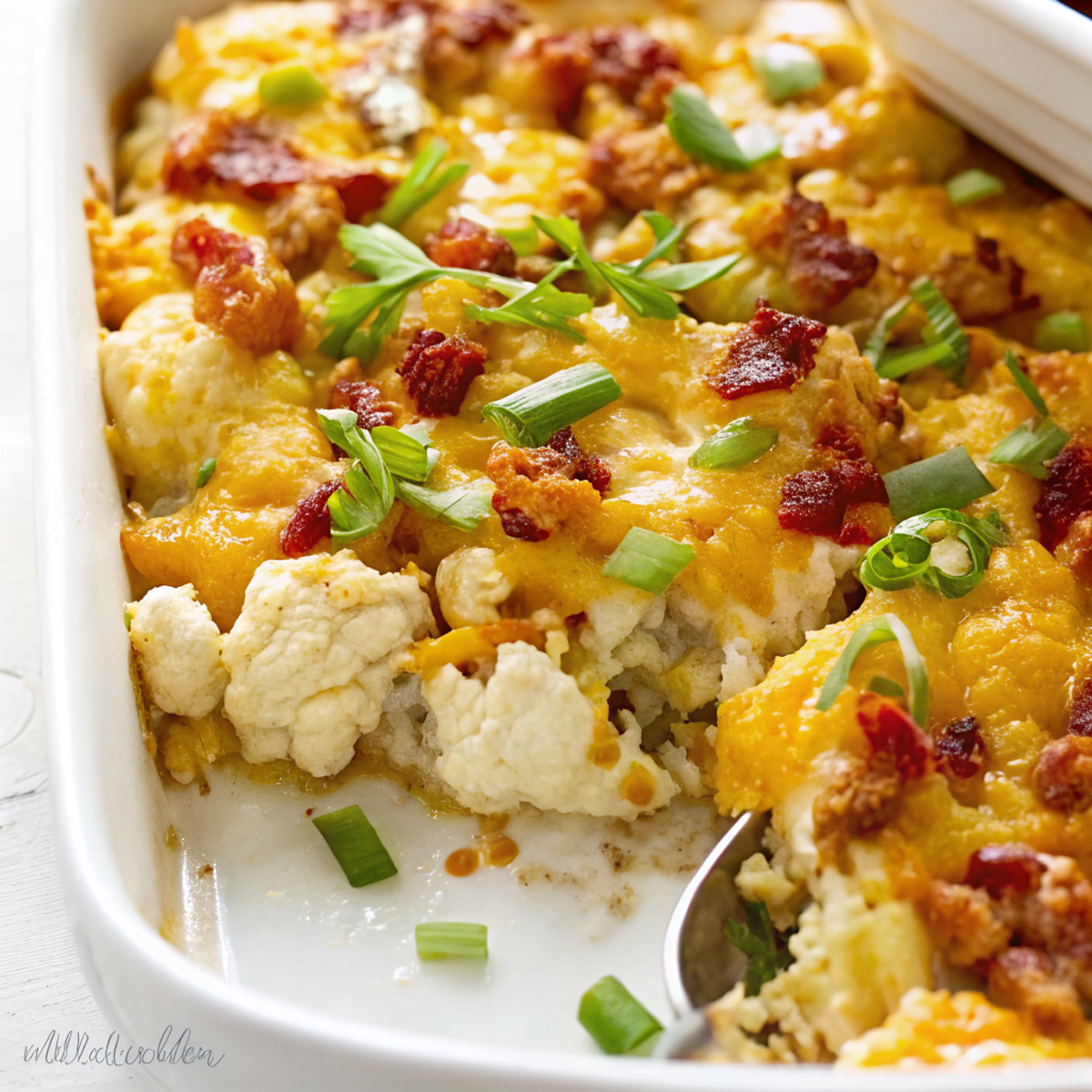 Golden-brown cauliflower casserole fresh from the oven, topped with melted cheddar cheese, crispy turkey bacon bits, and fresh green onions, served in a rustic ceramic baking dish