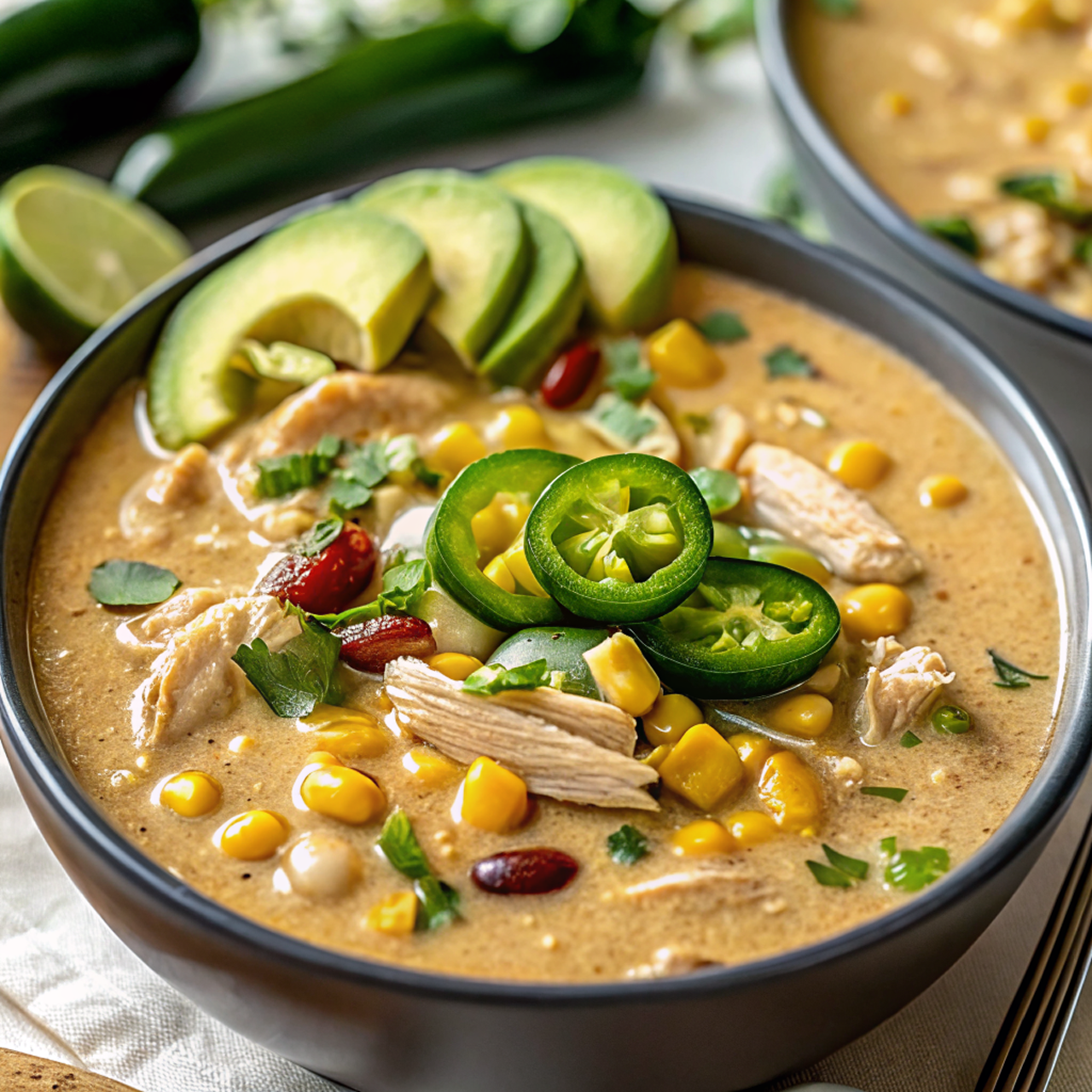 Beautiful bowl of finished Instant Pot White Chicken Chili Recipe with colorful garnishes and professional presentation