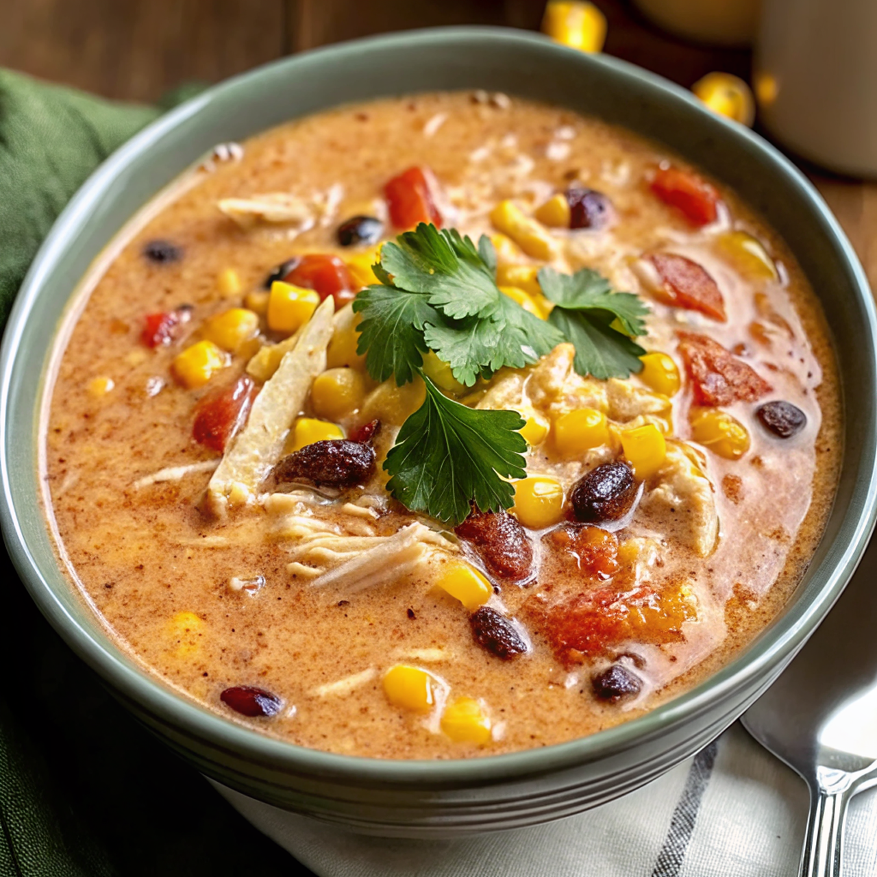 Bowl of creamy Easy Crock Pot Cream Cheese Chicken Chili garnished with fresh herbs and served with cornbread