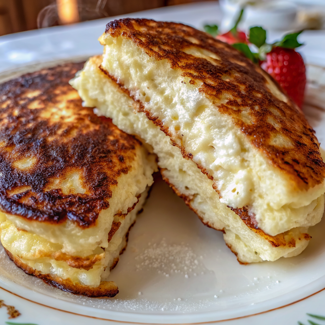 Stack of golden brown cottage cheese pancakes on a white plate topped with fresh berries and a drizzle of maple syrup, garnished with mint leaves