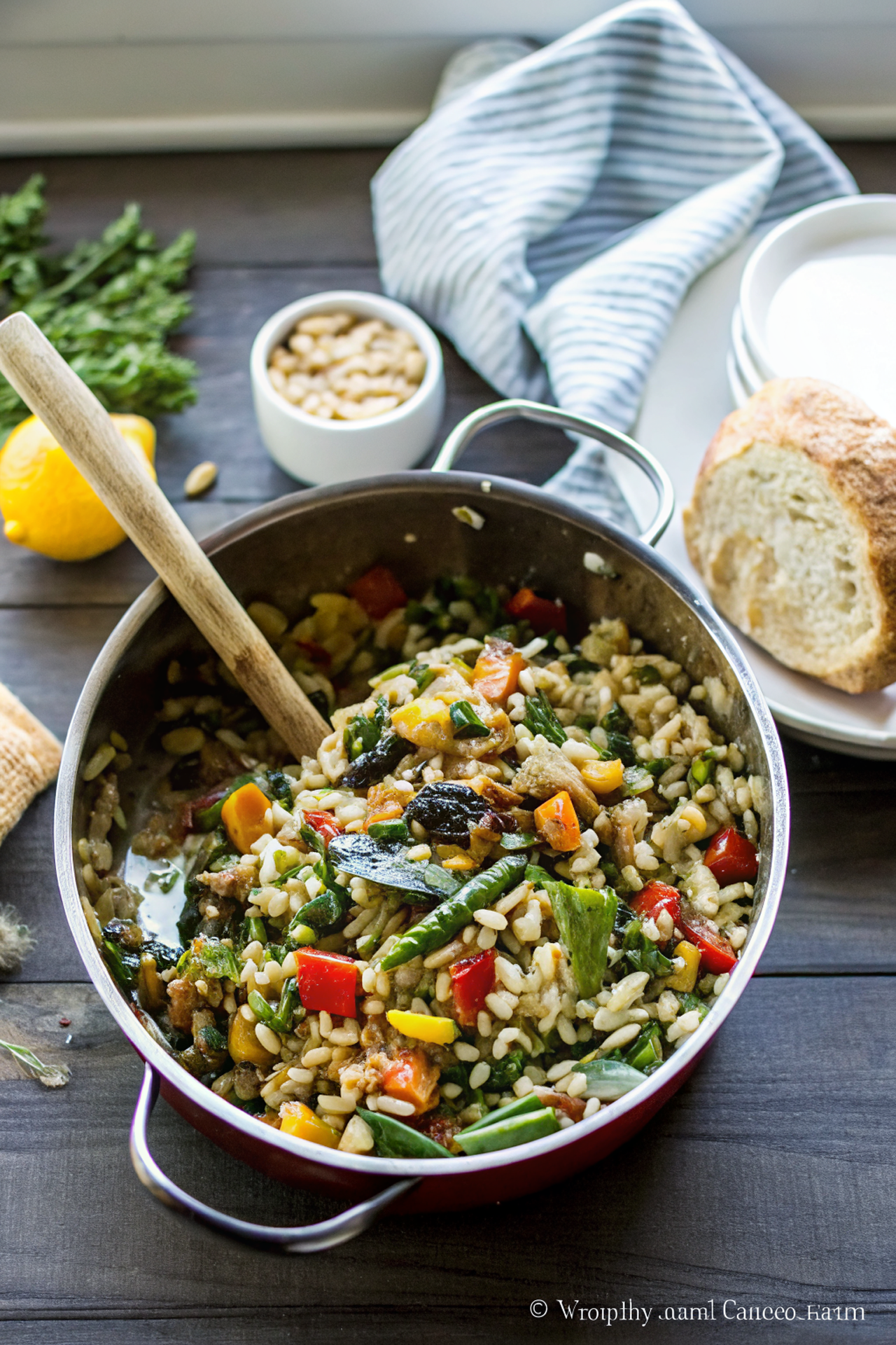 Beautiful finished Lemon Garlic Orzo with Roasted Vegetables served in a white bowl, garnished with fresh herbs and crumbled feta, showing the colorful vegetables and perfectly cooked orzo