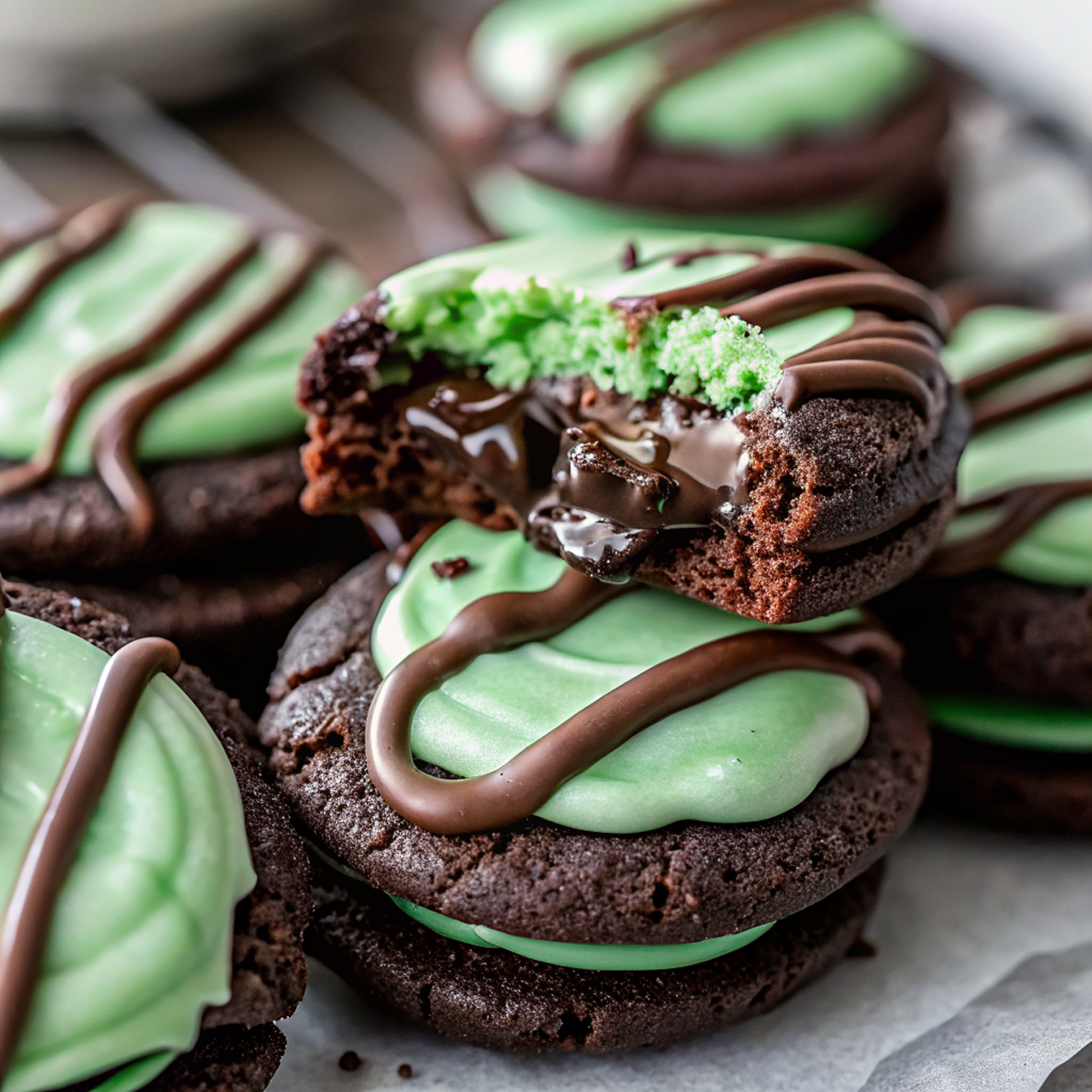 Beautiful finished chocolate mint cookies with perfect frosting and ganache drizzle arranged on elegant serving plate
