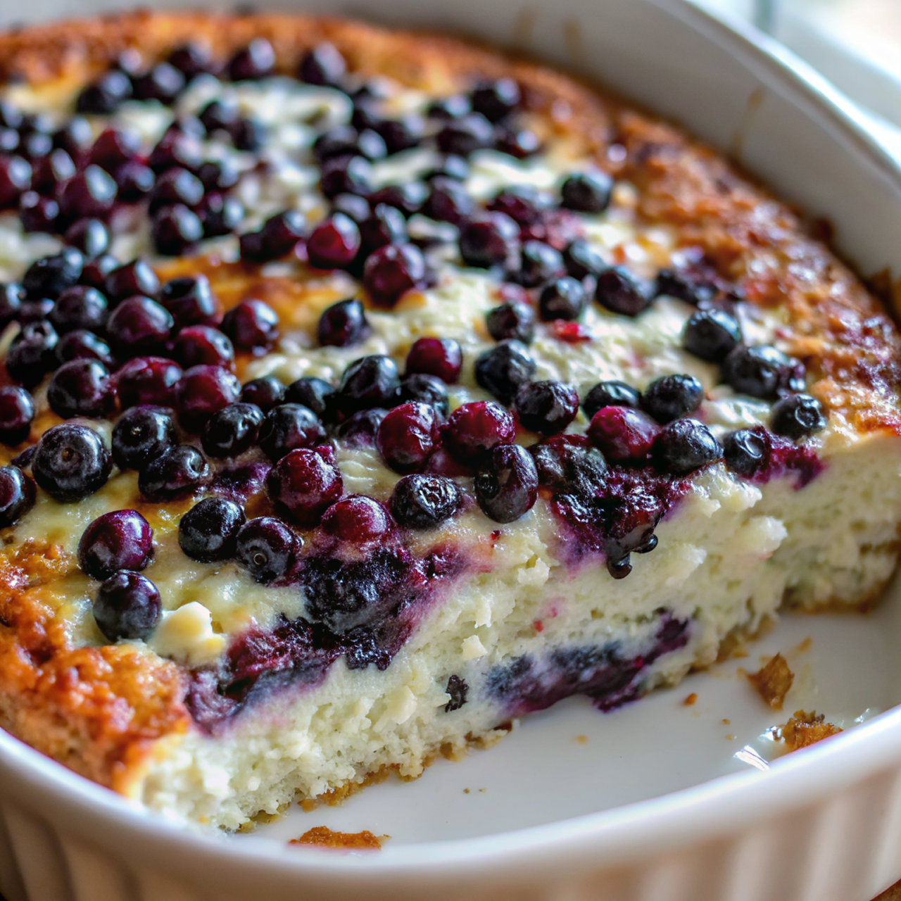 Golden fluffy cottage cheese blueberry bake served on a plate with fresh blueberries and a fork