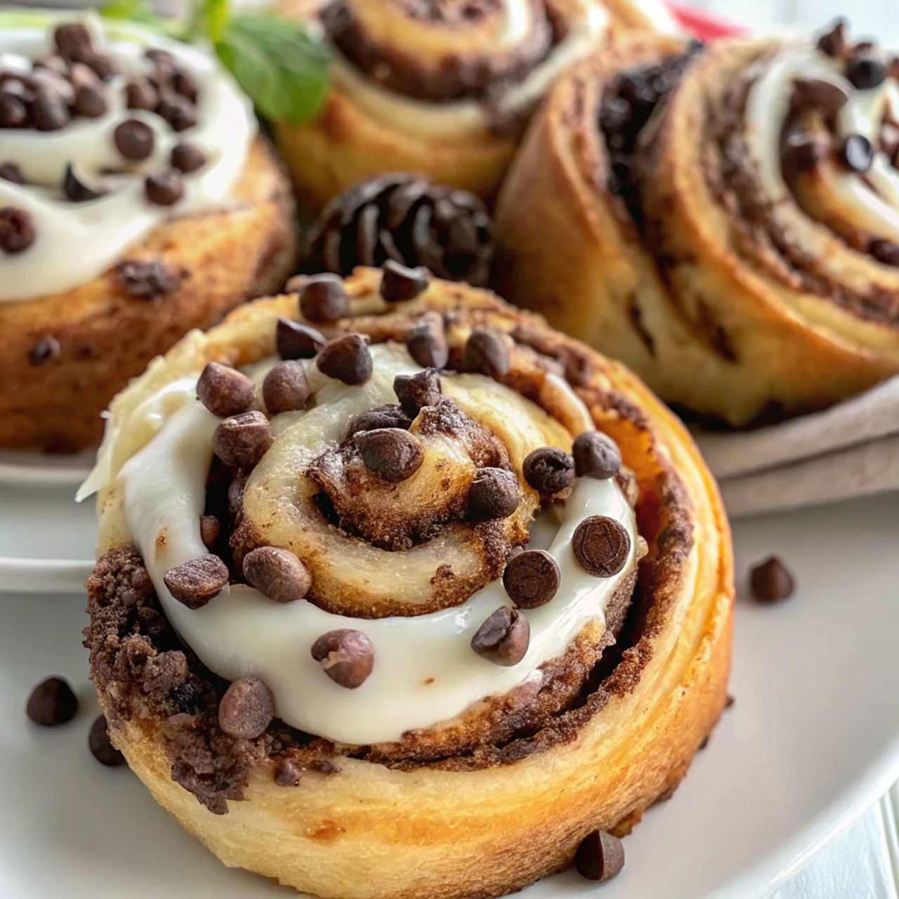 Finished chocolate chip cinnamon rolls with glossy cocoa cream cheese frosting and chocolate chip garnish, beautifully plated and ready to serve