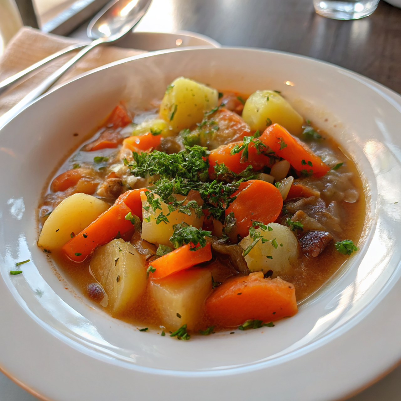 A steaming bowl of finished Irish Vegetarian Stew garnished with fresh parsley, served alongside crusty bread on a rustic wooden table