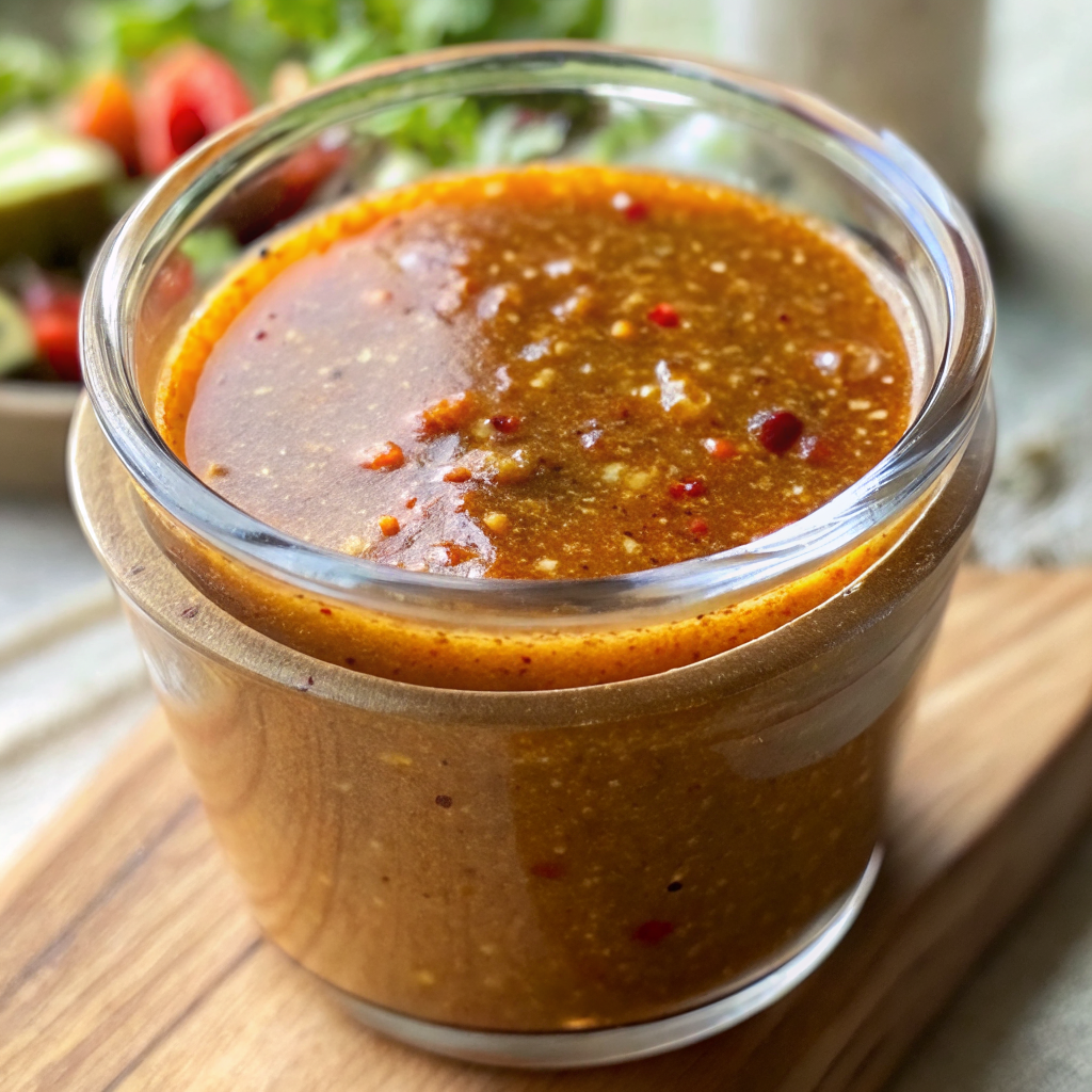 Beautiful finished chipotle vinaigrette salad dressing in a glass bottle with fresh salad ingredients arranged around it