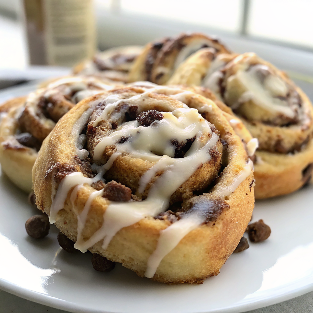 Beautifully plated chocolate chip cookie stuffed cinnamon rolls with artistic frosting drizzle on white ceramic plate