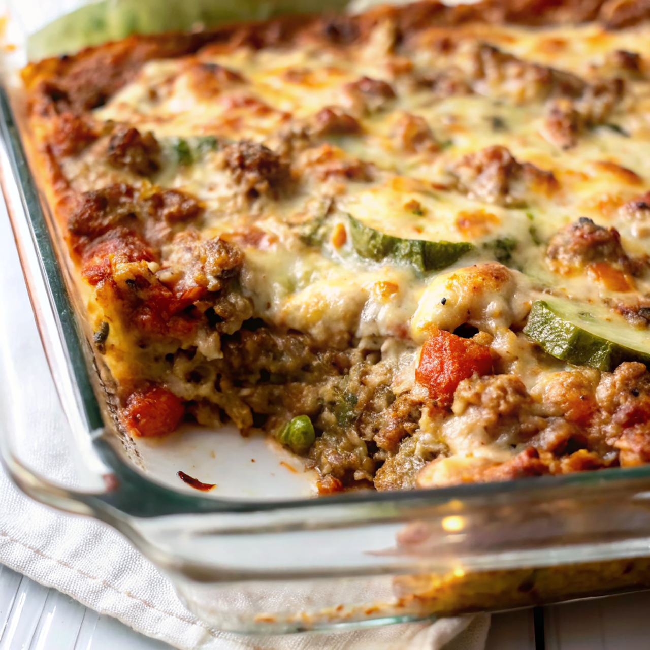 Perfectly plated Ground Beef Zucchini Casserole showing golden melted cheese top, visible green zucchini layers, and rich beef mixture in professional restaurant-style presentation