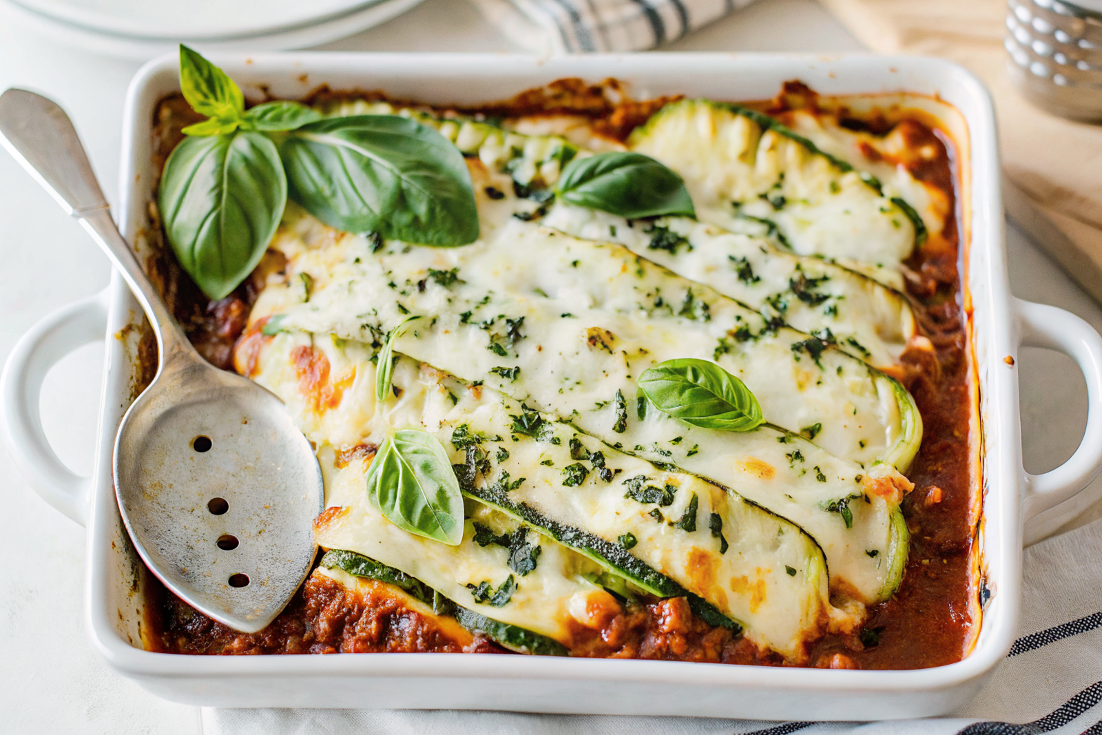 Perfectly sliced zucchini lasagna showing distinct layers with golden cheese topping and fresh herbs