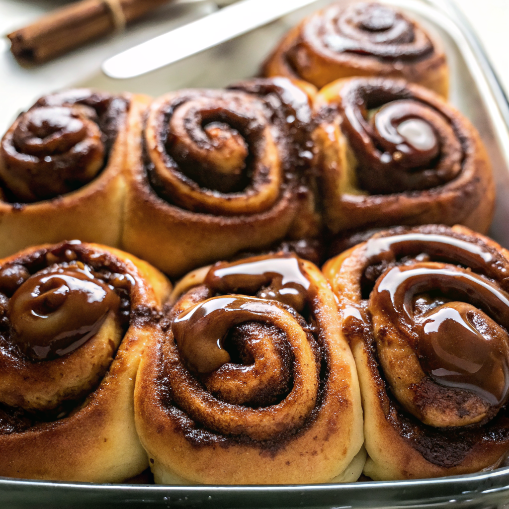 Golden brown chocolate espresso cinnamon rolls with glossy glaze drizzled on top, served on a rustic wooden board