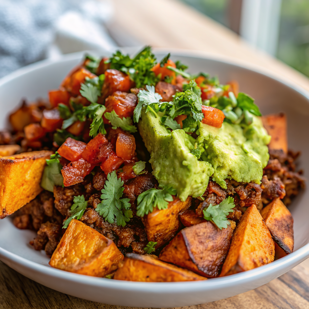 Beautiful finished Sweet Potato Taco Bowl with golden roasted sweet potatoes, seasoned ground beef, fresh guacamole, pico de gallo, and cilantro garnish in a rustic bowl
