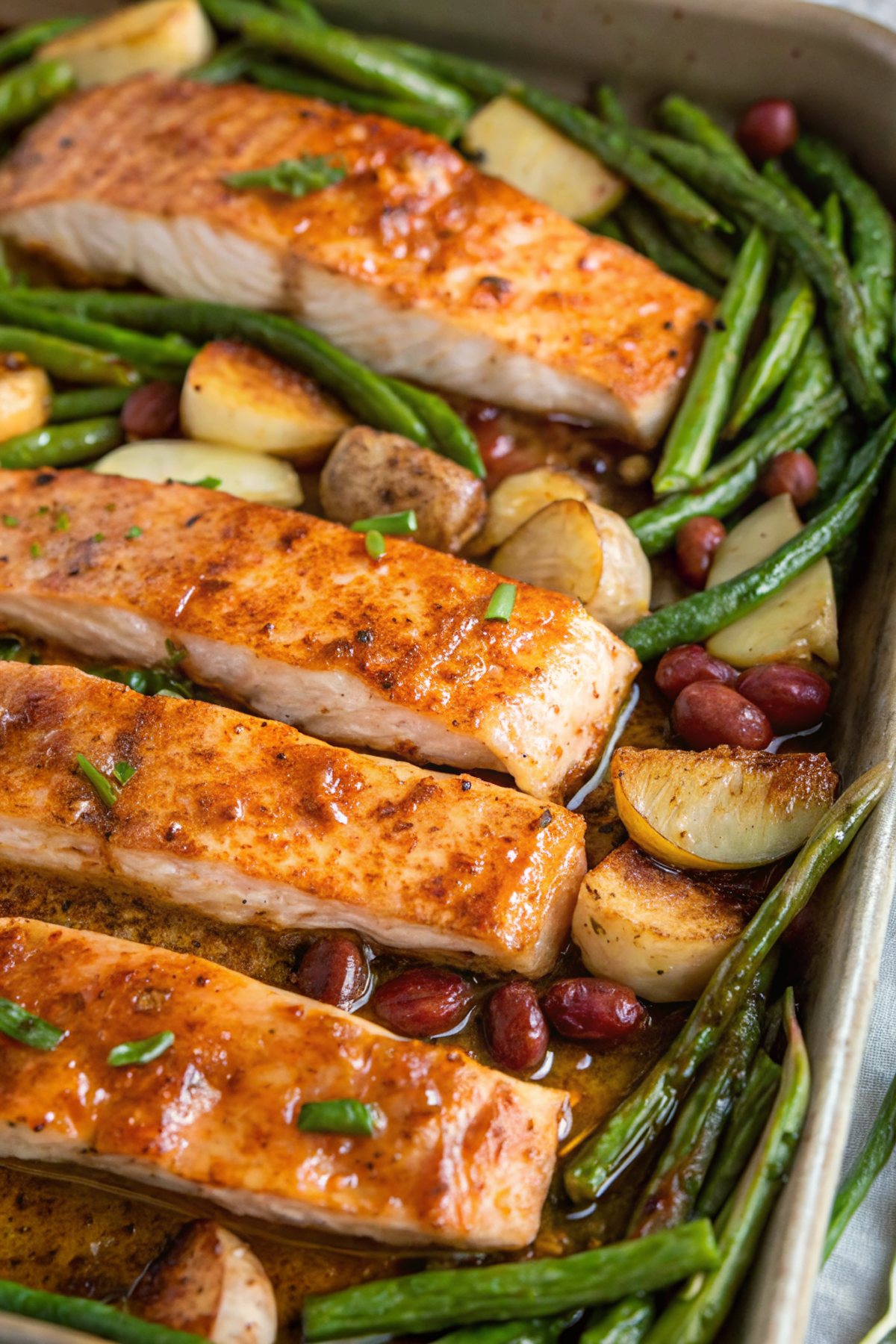 Finished sheet pan salmon with vegetables showing golden-brown salmon fillets, crispy roasted potatoes, and tender green beans glistening with honey garlic glaze