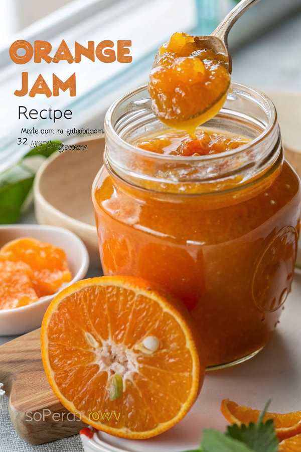 Beautiful jar of golden homemade orange jam with fresh orange slices and toast on rustic wooden table