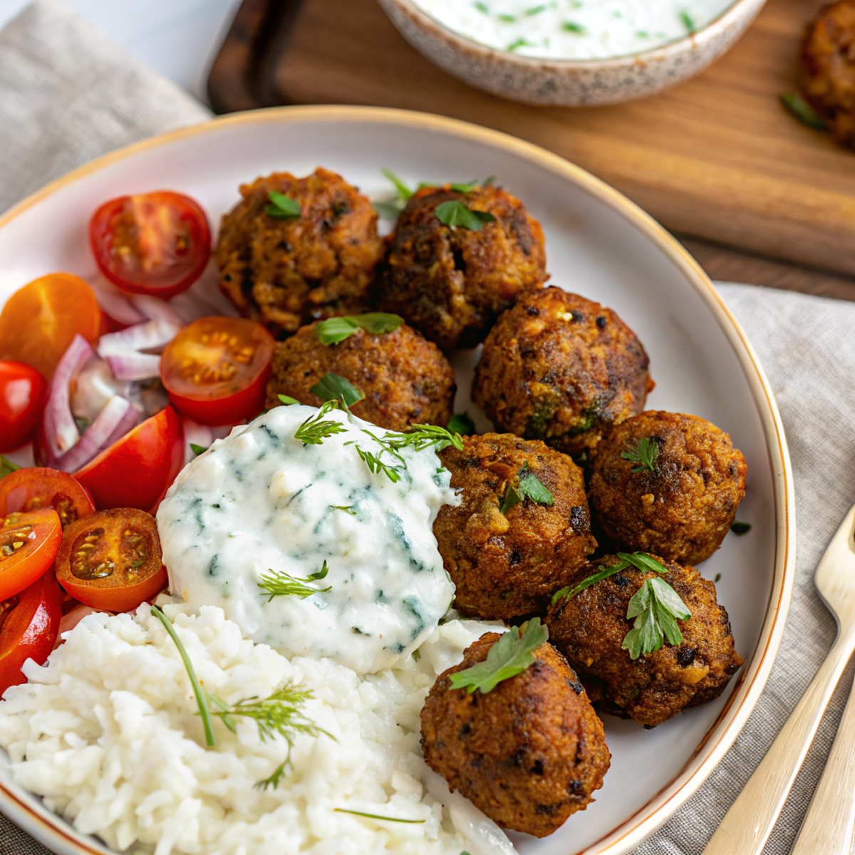 Finished baked Greek lentil meatballs with tzatziki served on a plate with fresh herbs