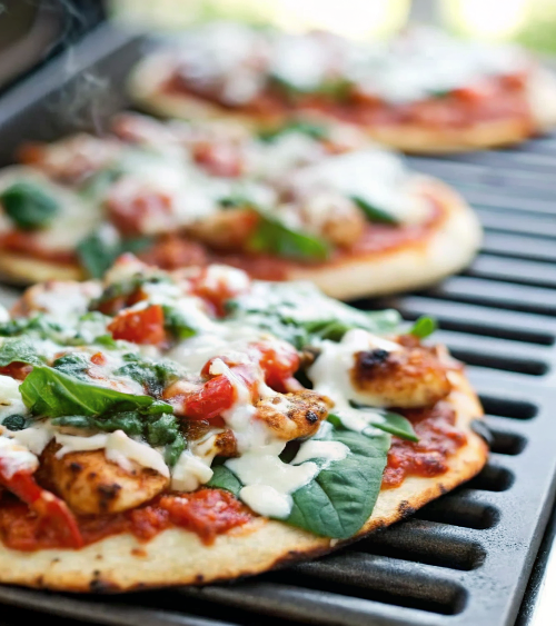 Finished grilled chicken sausage, spinach, and mozzarella pizza with golden crispy crust, melted cheese, and fresh basil garnish