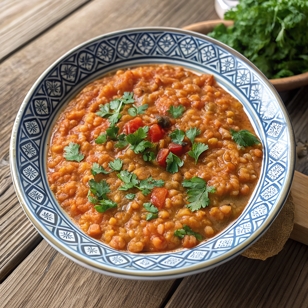 Final plated Spicy Mexican Red Lentils in a white bowl garnished with fresh cilantro, showing the beautiful color contrast and professional presentation