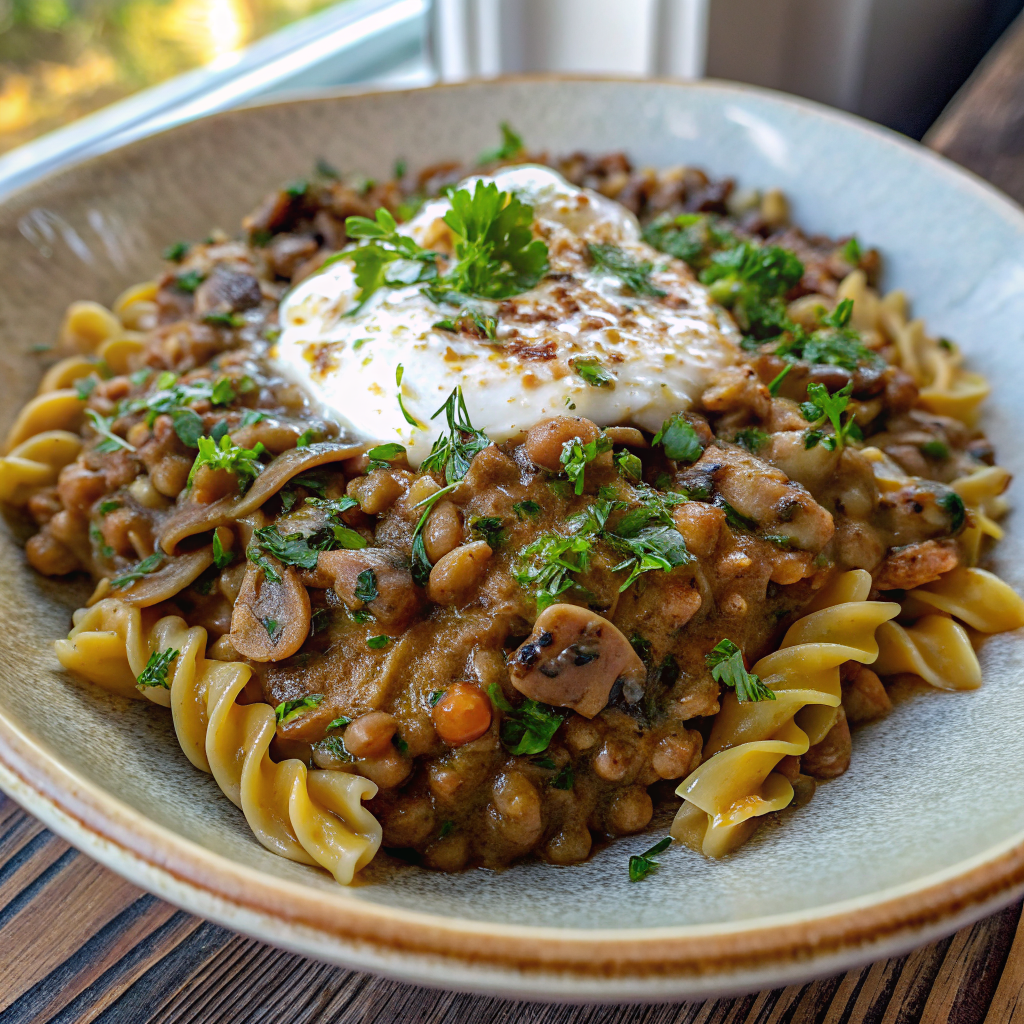 A beautifully plated bowl of creamy Lentil Mushroom Stroganoff garnished with fresh parsley and served with crusty bread