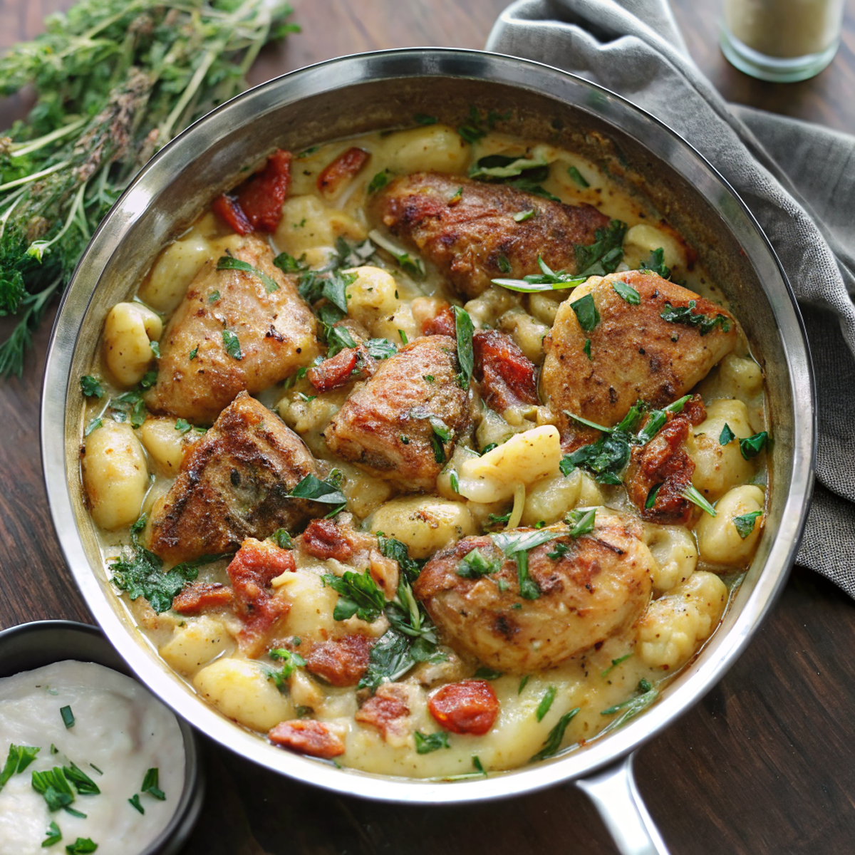 Finished Creamy Tuscan Chicken and Gnocchi dish served in a cast iron skillet with golden chicken, tender gnocchi, and vibrant spinach in a rich cream sauce, garnished with fresh thyme