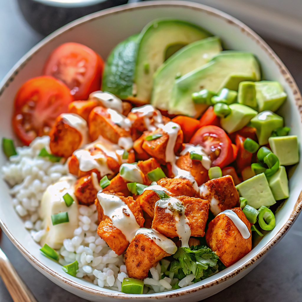 Finished Easy Buffalo Chicken Bowl Recipe beautifully plated with vibrant colors and professional presentation